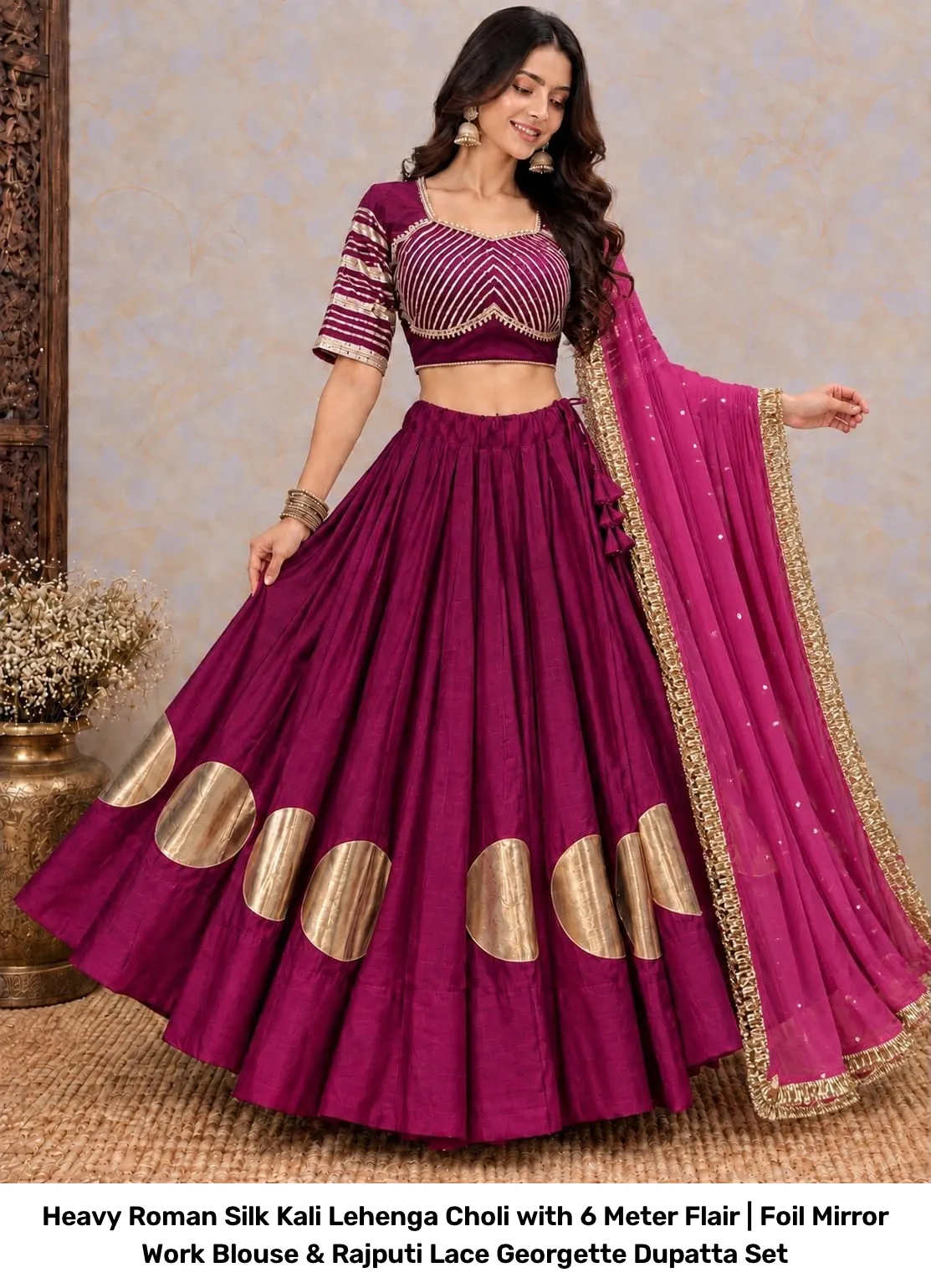 Heavy Roman Silk Kali Lehenga Choli with 6 Meter Flair | Foil Mirror Work Blouse & Rajputi Lace Georgette Dupatta Set 8