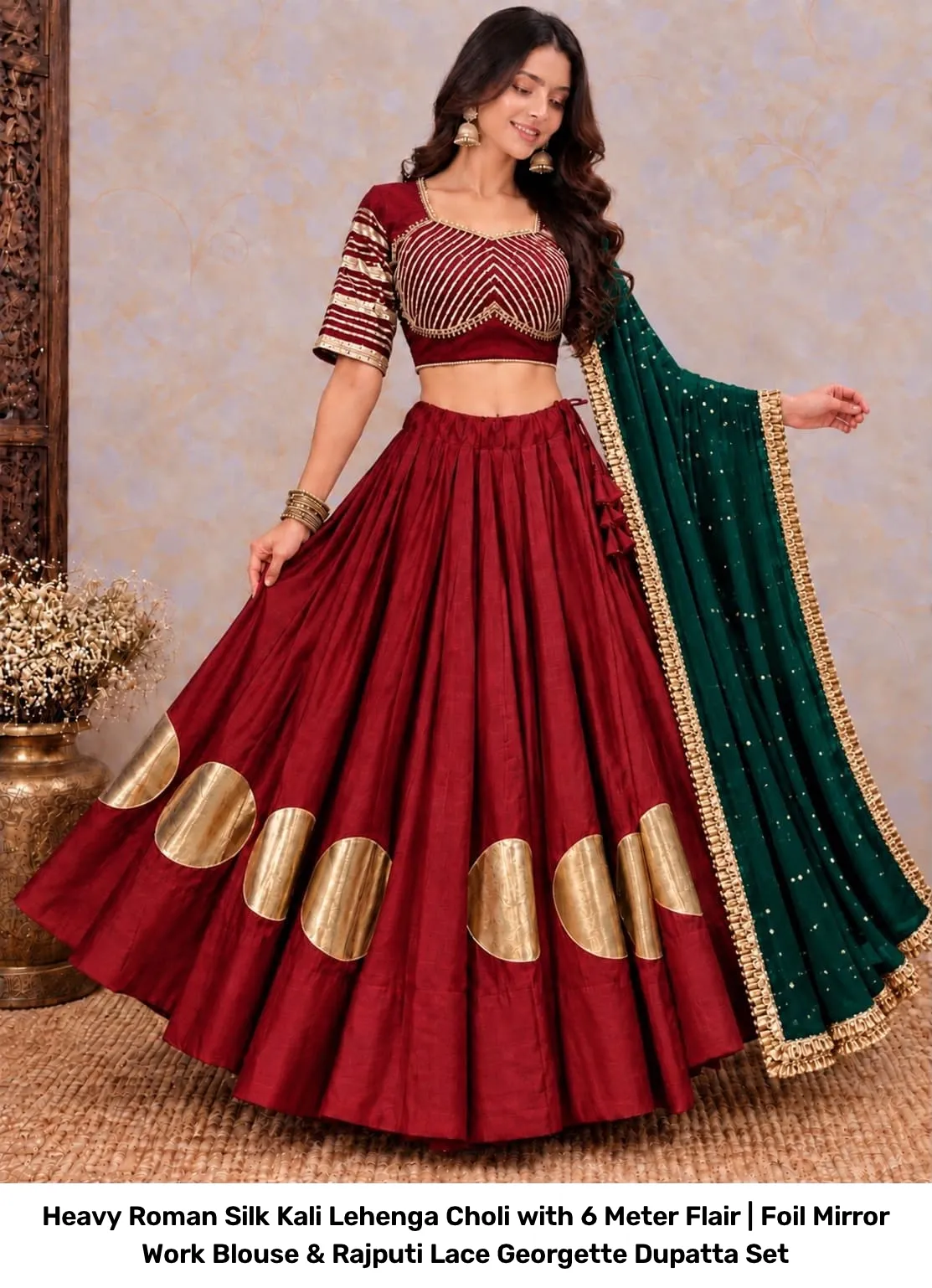Heavy Roman Silk Kali Lehenga Choli with 6 Meter Flair | Foil Mirror Work Blouse & Rajputi Lace Georgette Dupatta Set 9