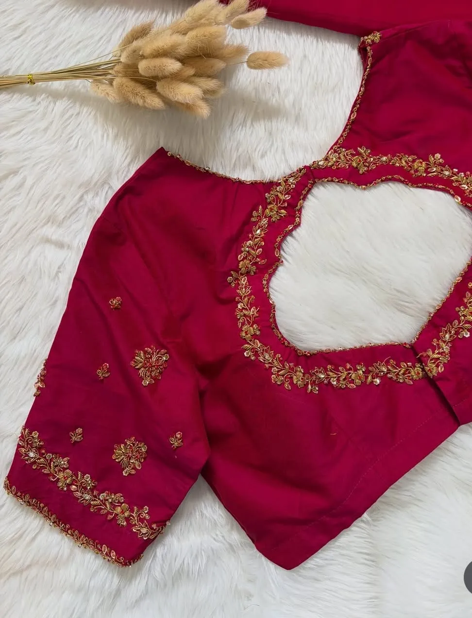 Hot Pink Bridal Maggam Work Blouse – Zari Embroidery & Cutwork Back Neck Saree Choli