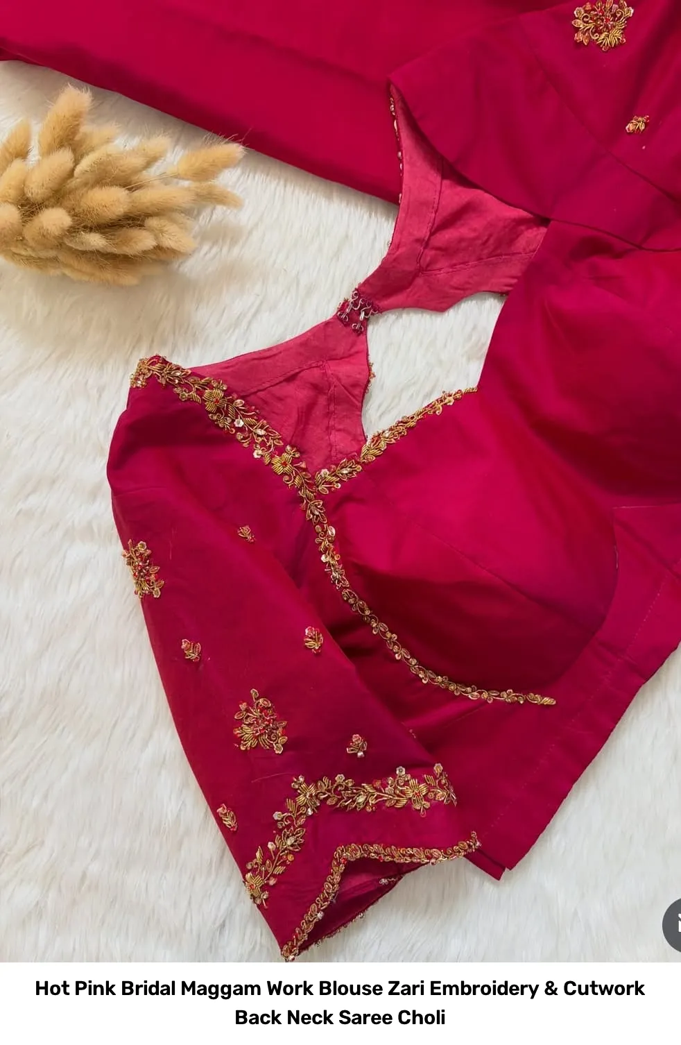 Hot Pink Bridal Maggam Work Blouse – Zari Embroidery & Cutwork Back Neck Saree Choli 2
