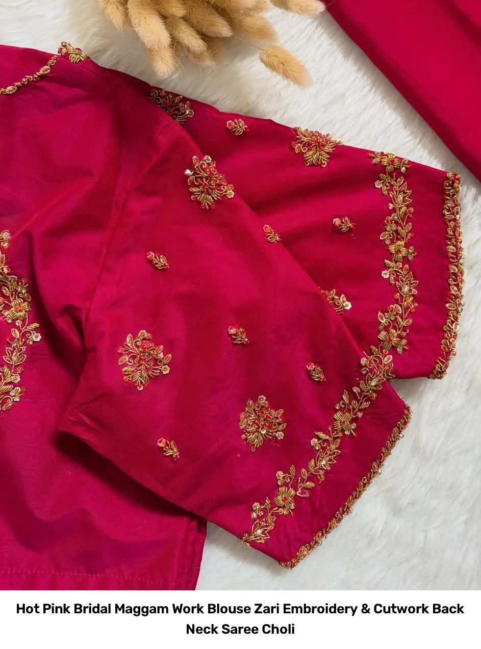 Hot Pink Bridal Maggam Work Blouse – Zari Embroidery & Cutwork Back Neck Saree Choli 3