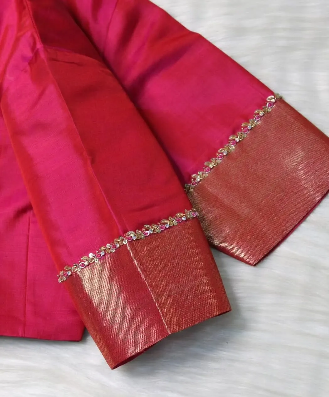 Hot Pink Designer Blouse | Handcrafted Gold & Pink Stone Embroidery | Contrast Blue Back | Full Sleeve Silk Saree Blouse