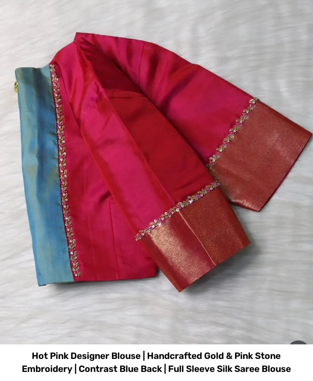 Hot Pink Designer Blouse | Handcrafted Gold & Pink Stone Embroidery | Contrast Blue Back | Full Sleeve Silk Saree Blouse 2