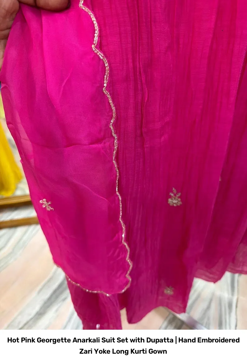 Hot Pink Georgette Anarkali Suit Set with Dupatta | Hand Embroidered Zari Yoke Long Kurti Gown 2