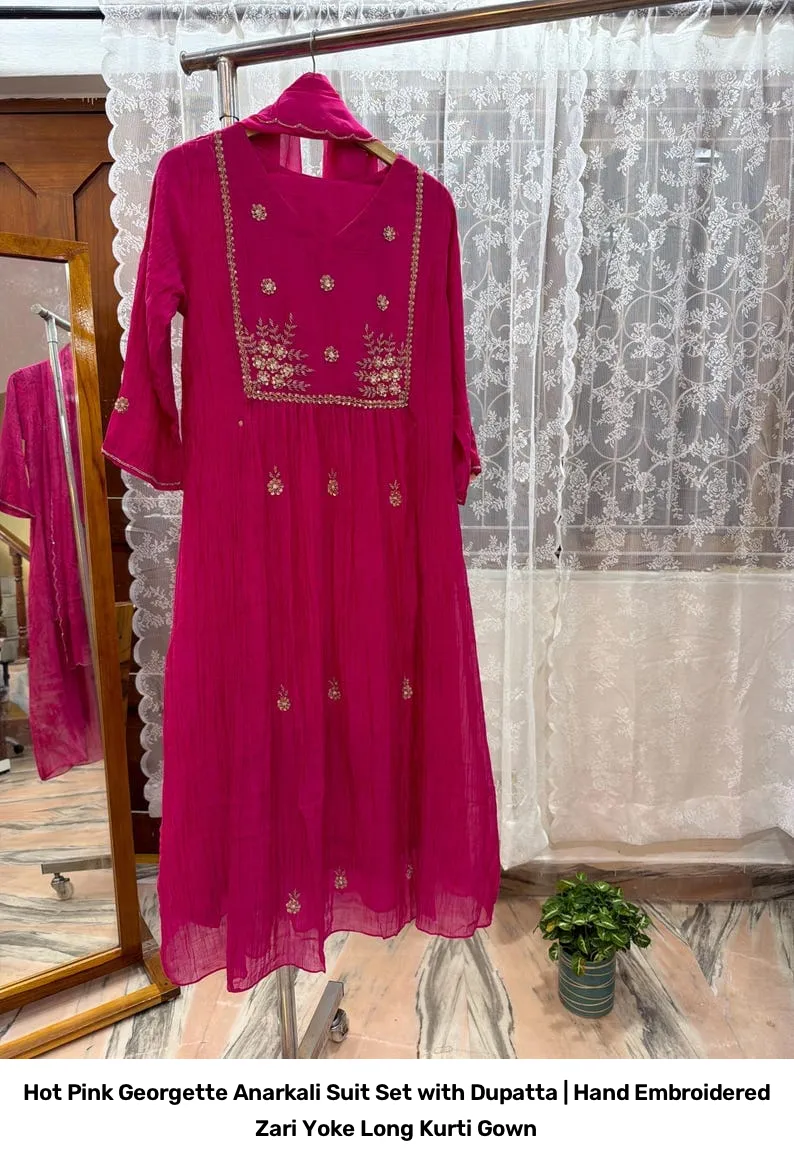 Hot Pink Georgette Anarkali Suit Set with Dupatta | Hand Embroidered Zari Yoke Long Kurti Gown 3