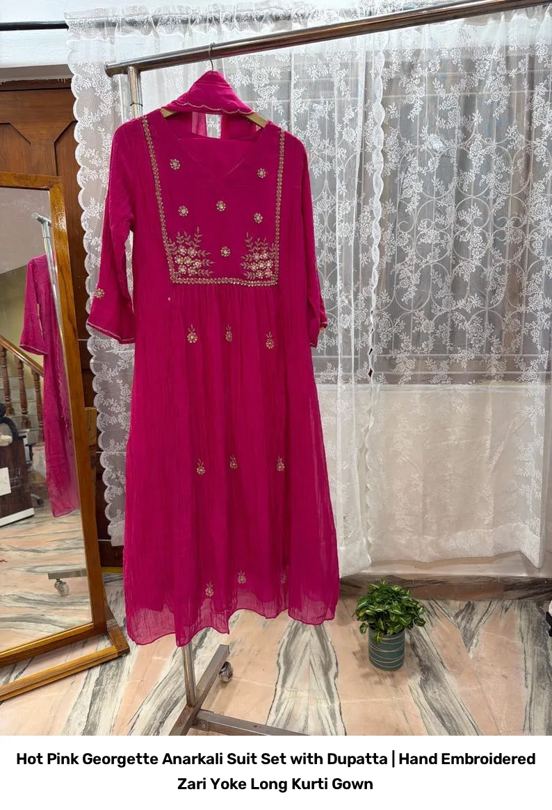 Hot Pink Georgette Anarkali Suit Set with Dupatta | Hand Embroidered Zari Yoke Long Kurti Gown 4