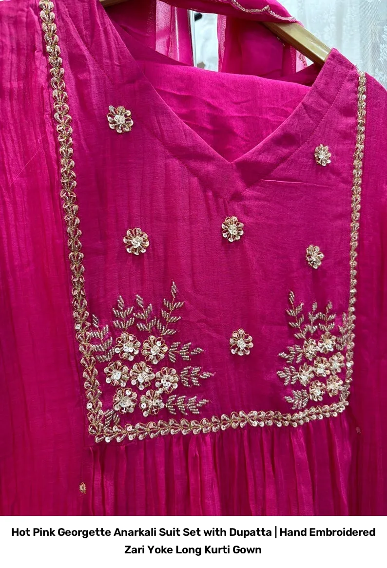 Hot Pink Georgette Anarkali Suit Set with Dupatta | Hand Embroidered Zari Yoke Long Kurti Gown 5