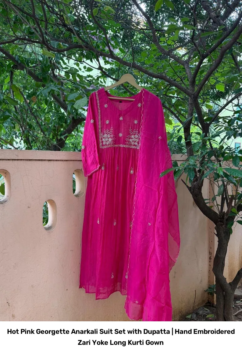 Hot Pink Georgette Anarkali Suit Set with Dupatta | Hand Embroidered Zari Yoke Long Kurti Gown 6