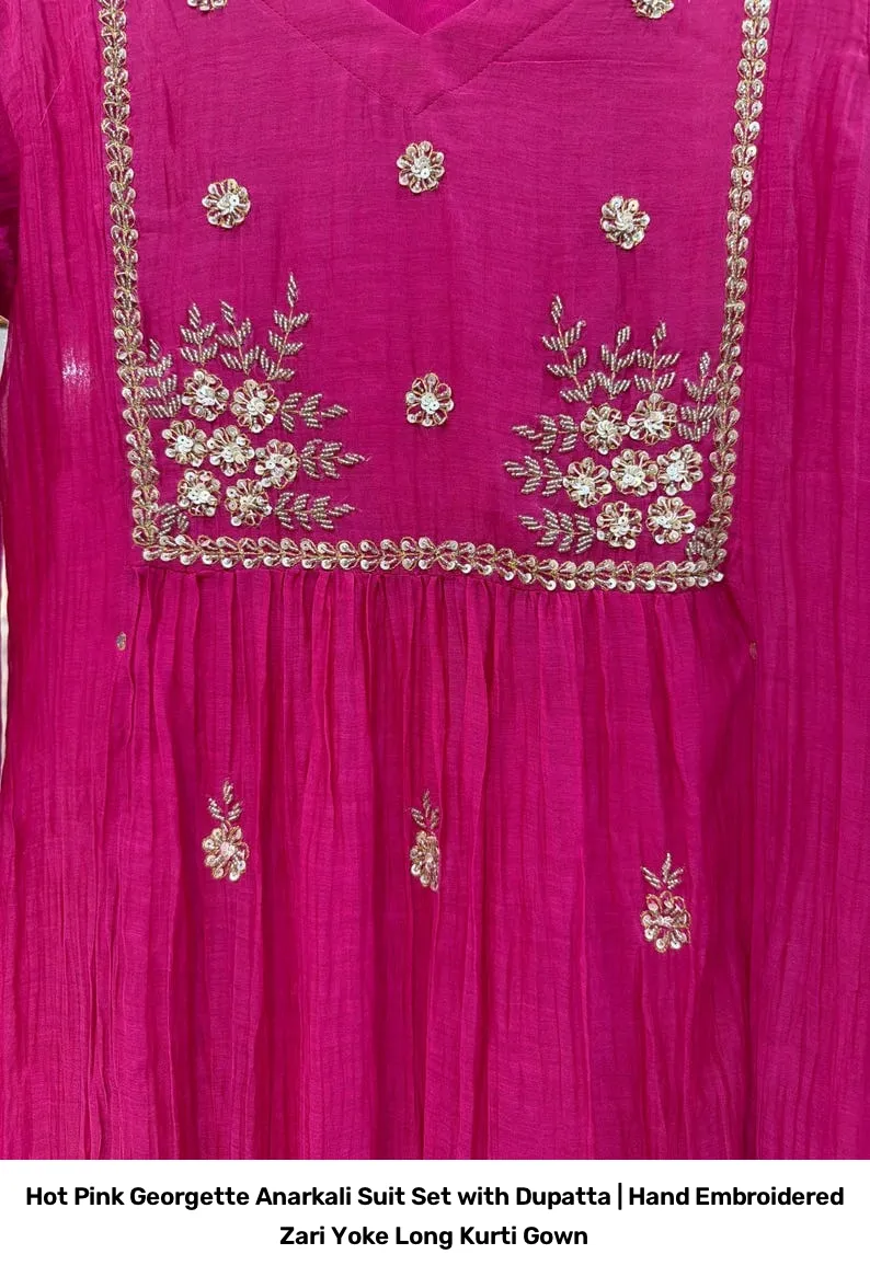 Hot Pink Georgette Anarkali Suit Set with Dupatta | Hand Embroidered Zari Yoke Long Kurti Gown 7