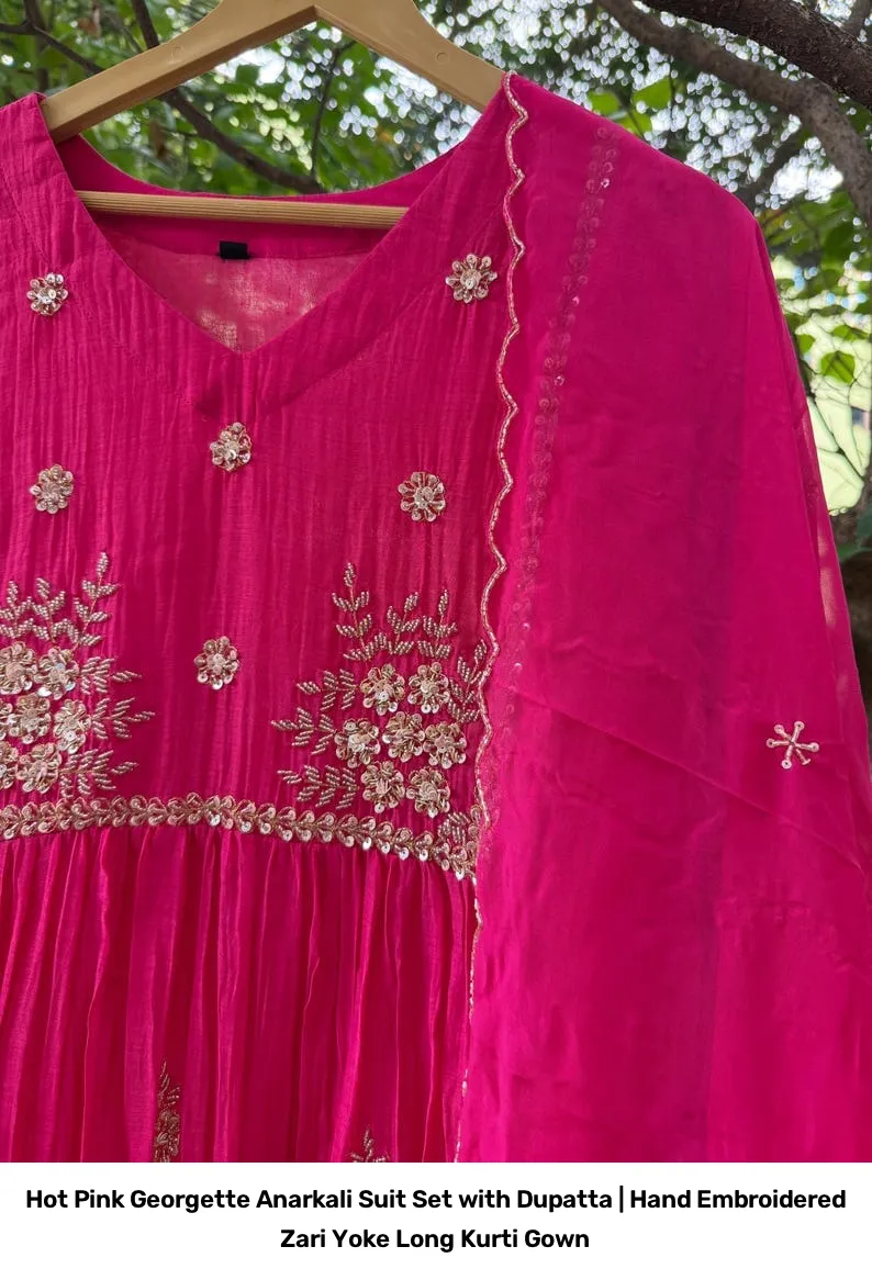 Hot Pink Georgette Anarkali Suit Set with Dupatta | Hand Embroidered Zari Yoke Long Kurti Gown 8