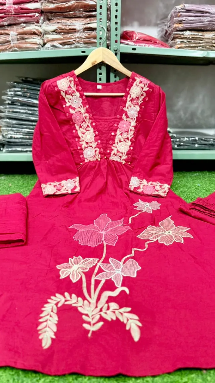 Hot Pink Pure Cotton 6060 Embroidered Kurti Pant Set with Mulmul Dupatta (3-Piece) 1