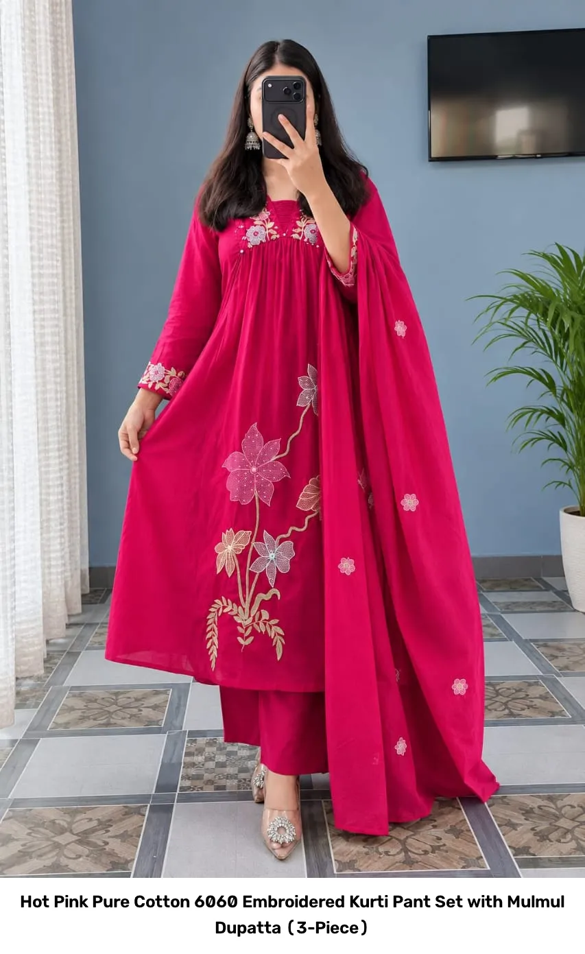 Hot Pink Pure Cotton 6060 Embroidered Kurti Pant Set with Mulmul Dupatta (3-Piece) 2