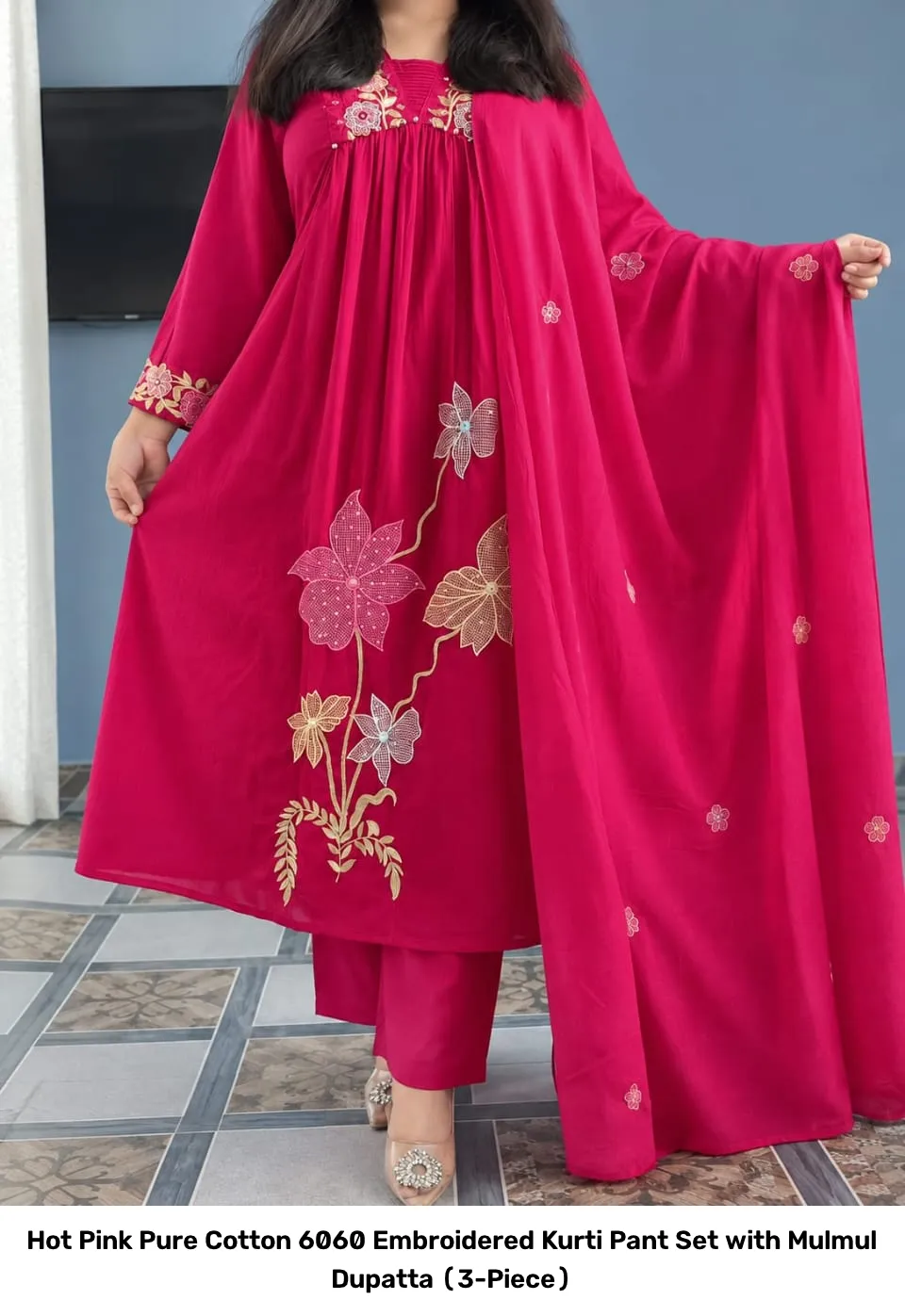 Hot Pink Pure Cotton 6060 Embroidered Kurti Pant Set with Mulmul Dupatta (3-Piece) 3