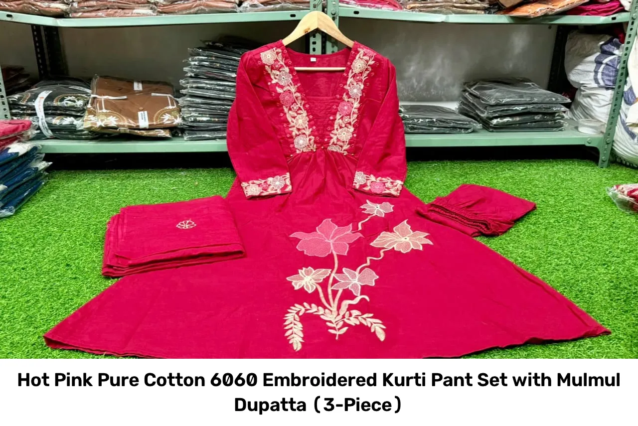 Hot Pink Pure Cotton 6060 Embroidered Kurti Pant Set with Mulmul Dupatta (3-Piece) 4