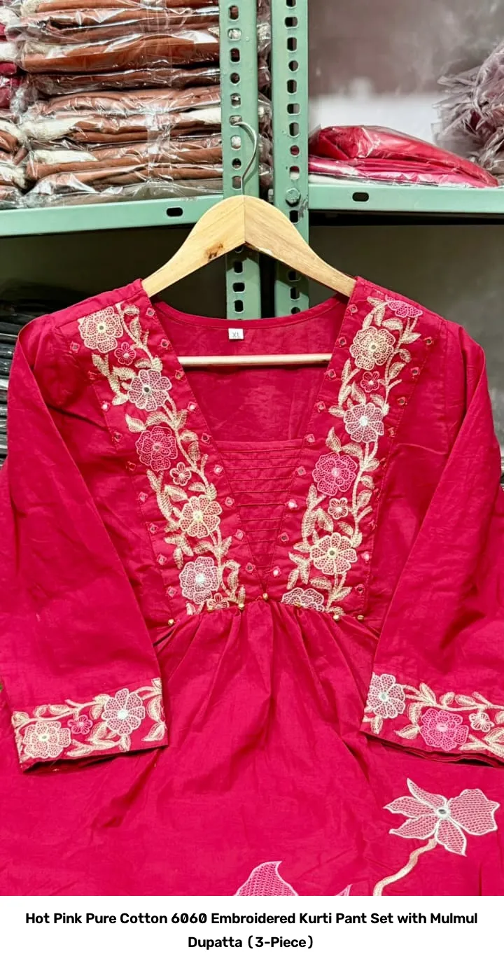 Hot Pink Pure Cotton 6060 Embroidered Kurti Pant Set with Mulmul Dupatta (3-Piece) 6