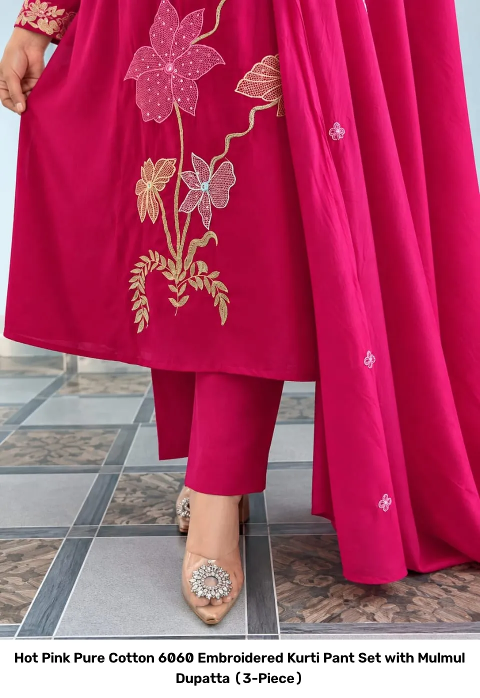 Hot Pink Pure Cotton 6060 Embroidered Kurti Pant Set with Mulmul Dupatta (3-Piece) 7