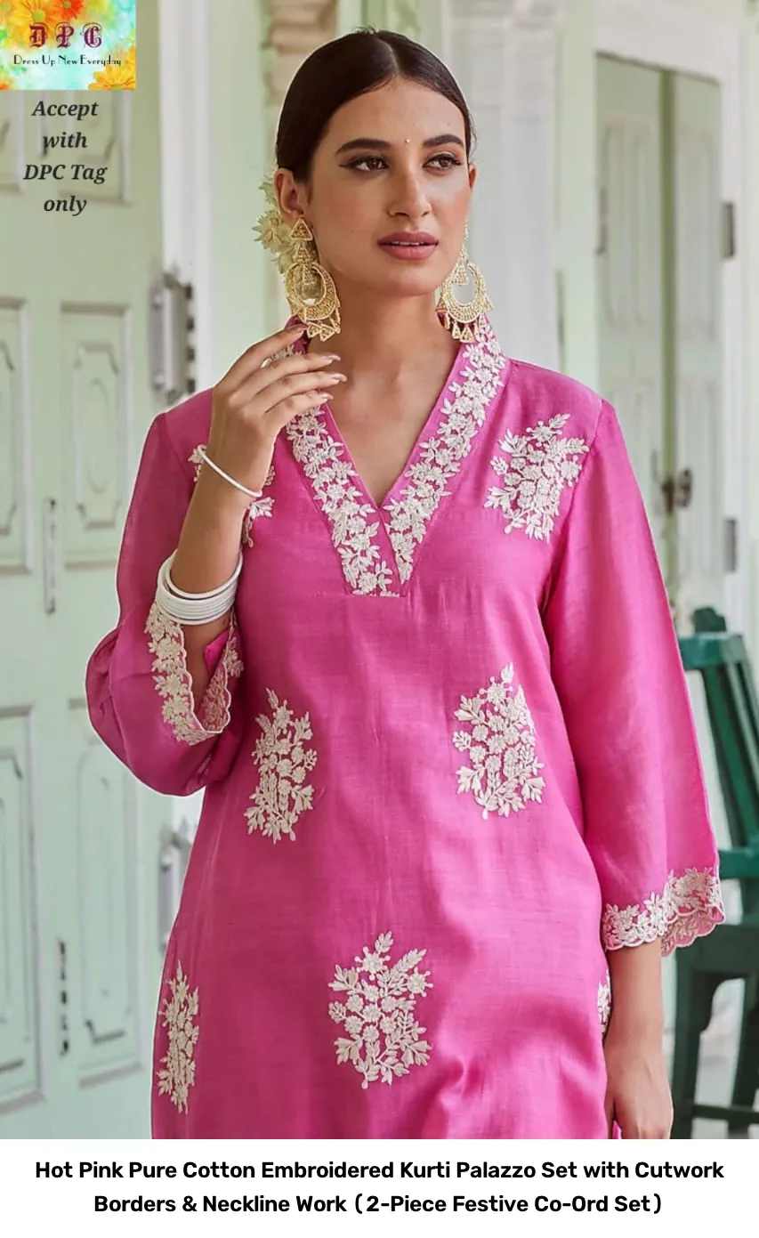 Hot Pink Pure Cotton Embroidered Kurti Palazzo Set with Cutwork Borders & Neckline Work (2-Piece Festive Co-Ord Set) 2