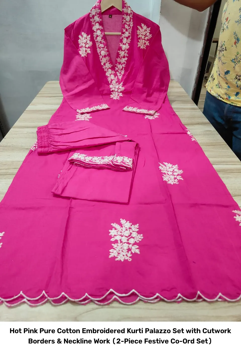 Hot Pink Pure Cotton Embroidered Kurti Palazzo Set with Cutwork Borders & Neckline Work (2-Piece Festive Co-Ord Set) 3