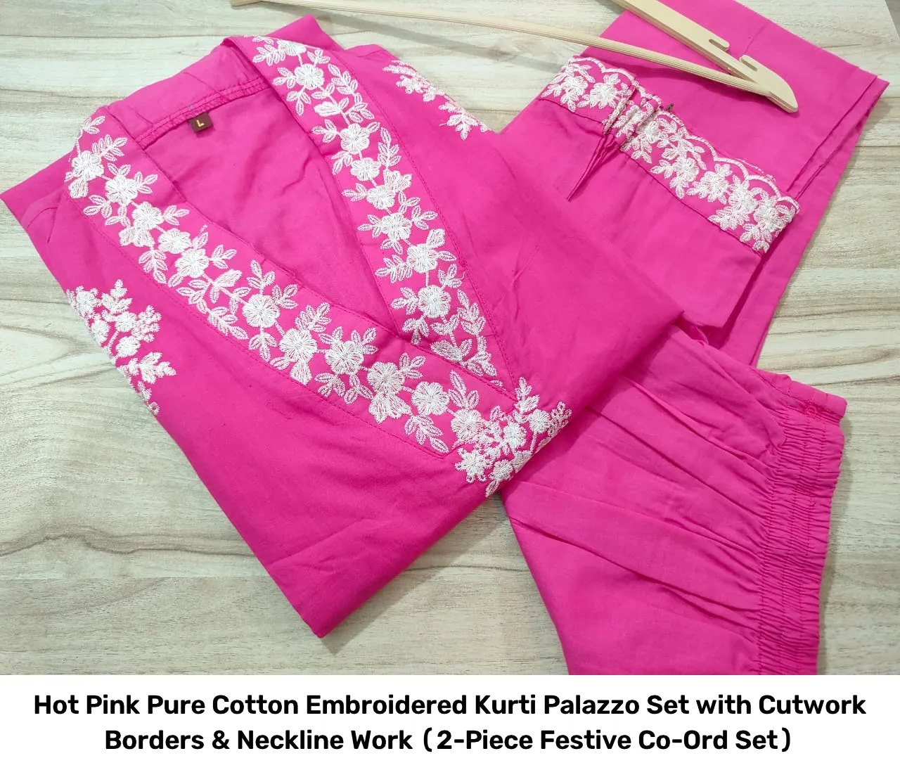 Hot Pink Pure Cotton Embroidered Kurti Palazzo Set with Cutwork Borders & Neckline Work (2-Piece Festive Co-Ord Set) 4