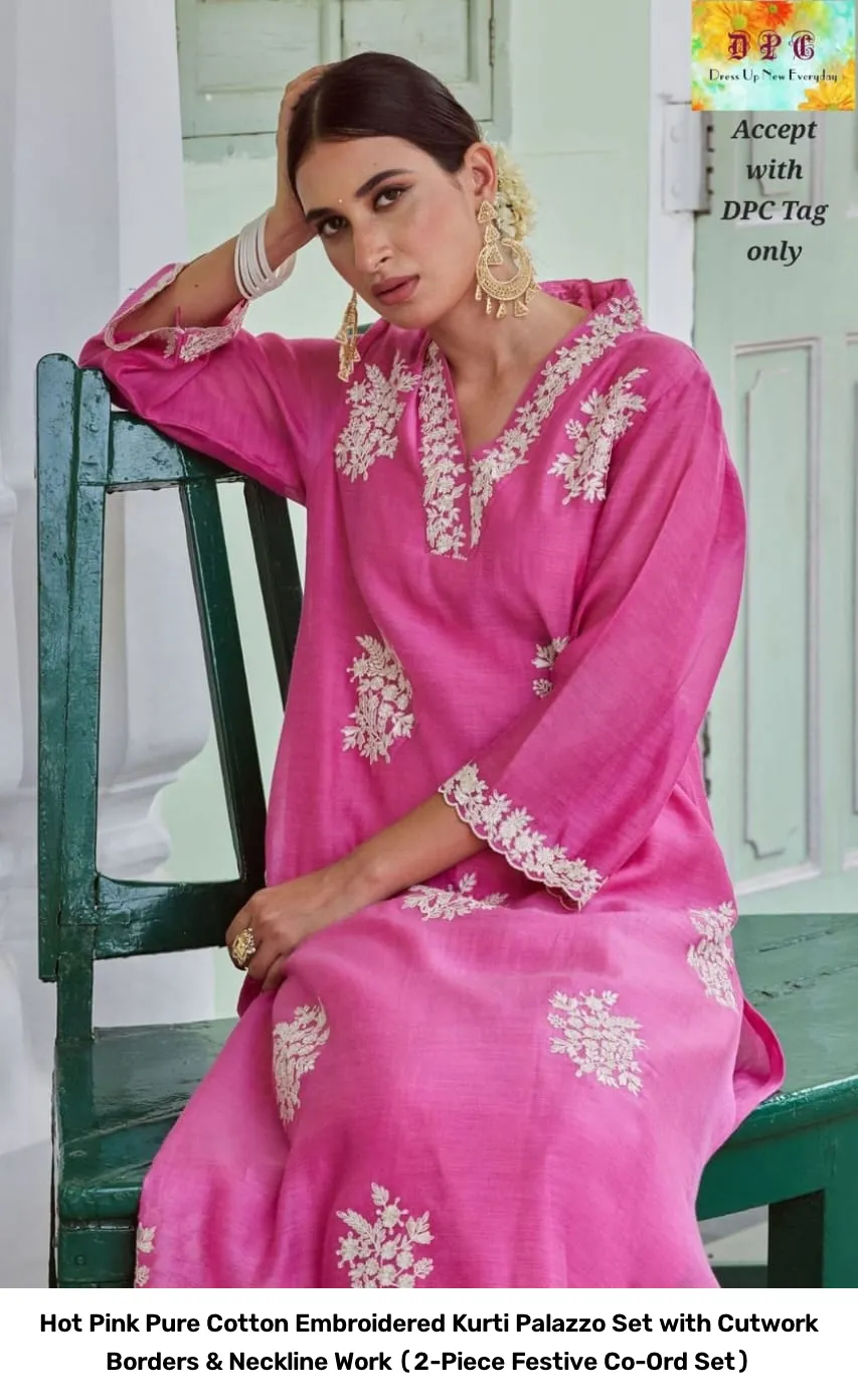 Hot Pink Pure Cotton Embroidered Kurti Palazzo Set with Cutwork Borders & Neckline Work (2-Piece Festive Co-Ord Set) 5