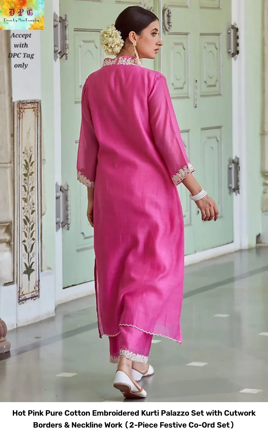 Hot Pink Pure Cotton Embroidered Kurti Palazzo Set with Cutwork Borders & Neckline Work (2-Piece Festive Co-Ord Set) 6