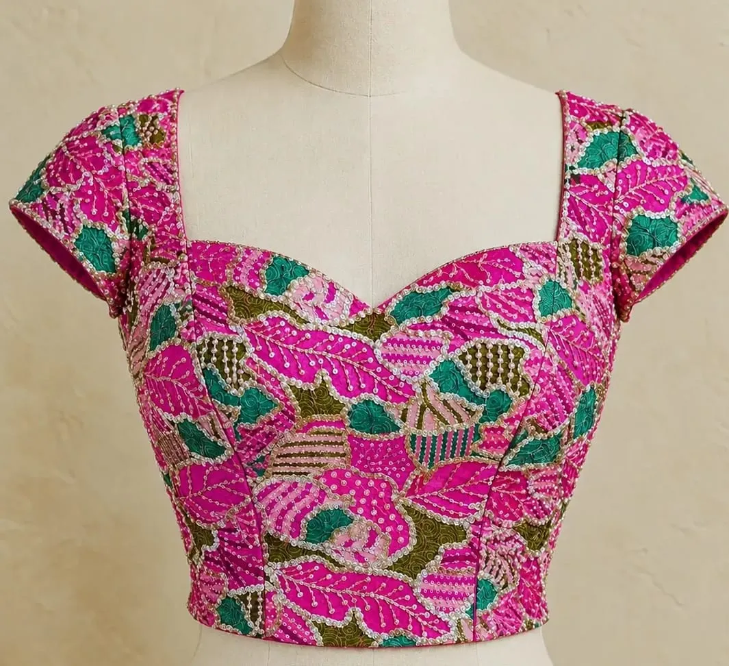 Hot Pink Scallop Cutwork Back Bridal Aari Work Blouse