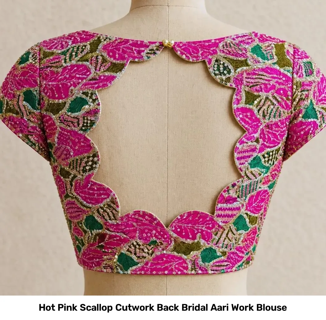 Hot Pink Scallop Cutwork Back Bridal Aari Work Blouse 2