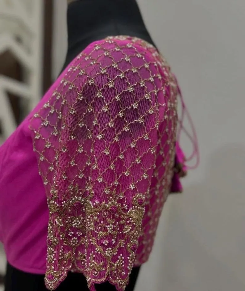 Hot Pink Silk Blouse with Net Embroidery Sleeves | Designer Maggam Work Bridal Saree Blouse