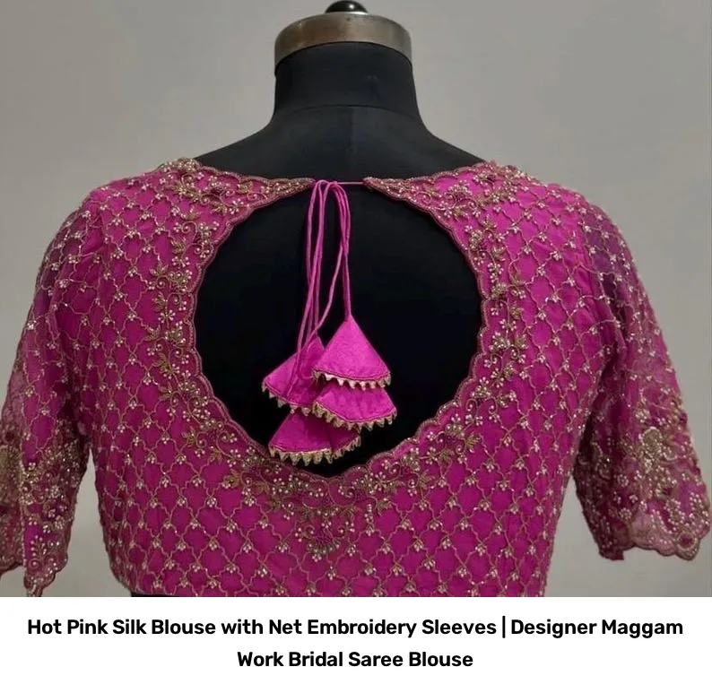 Hot Pink Silk Blouse with Net Embroidery Sleeves | Designer Maggam Work Bridal Saree Blouse 2