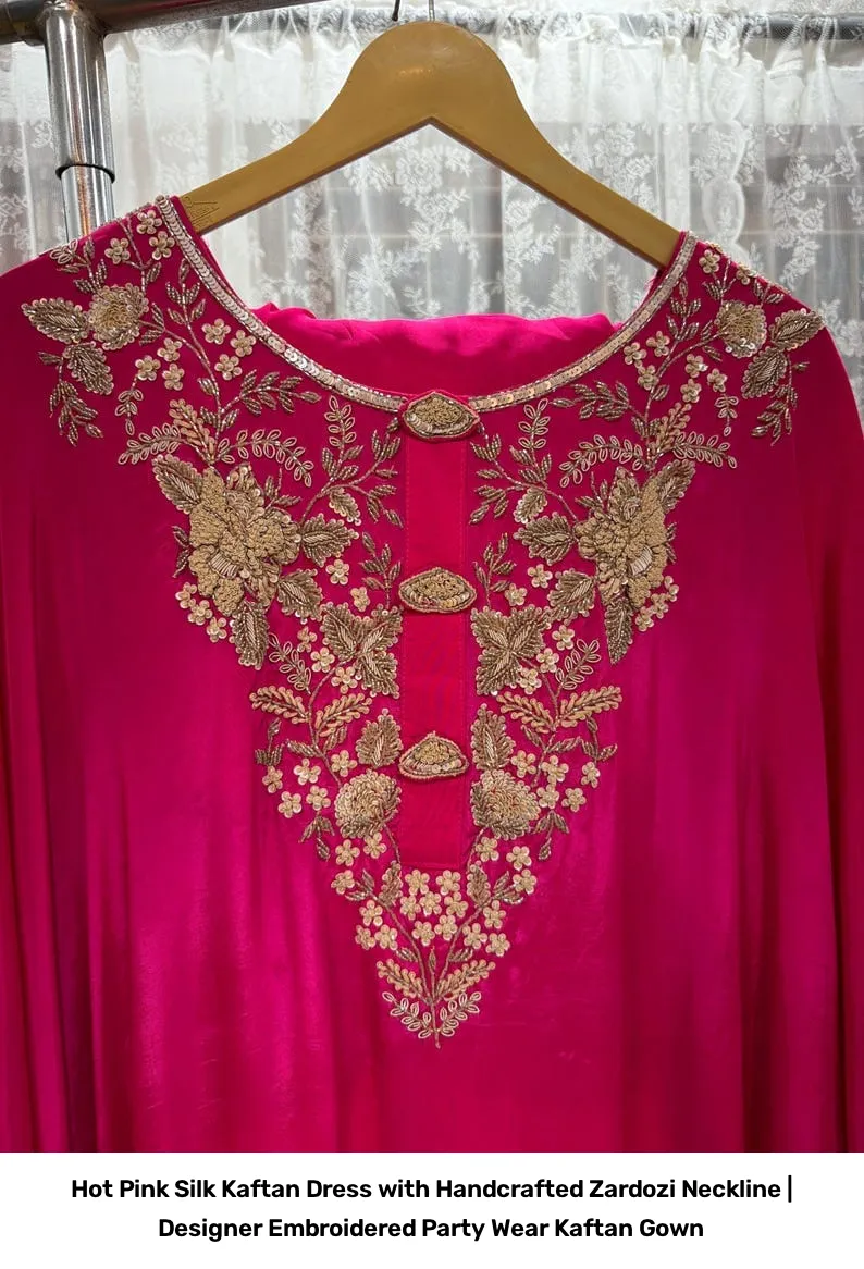 Hot Pink Silk Kaftan Dress with Handcrafted Zardozi Neckline | Designer Embroidered Party Wear Kaftan Gown 2
