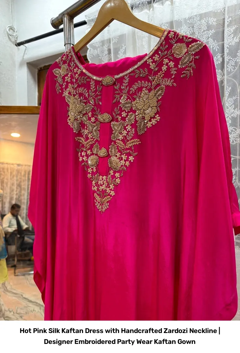 Hot Pink Silk Kaftan Dress with Handcrafted Zardozi Neckline | Designer Embroidered Party Wear Kaftan Gown 3