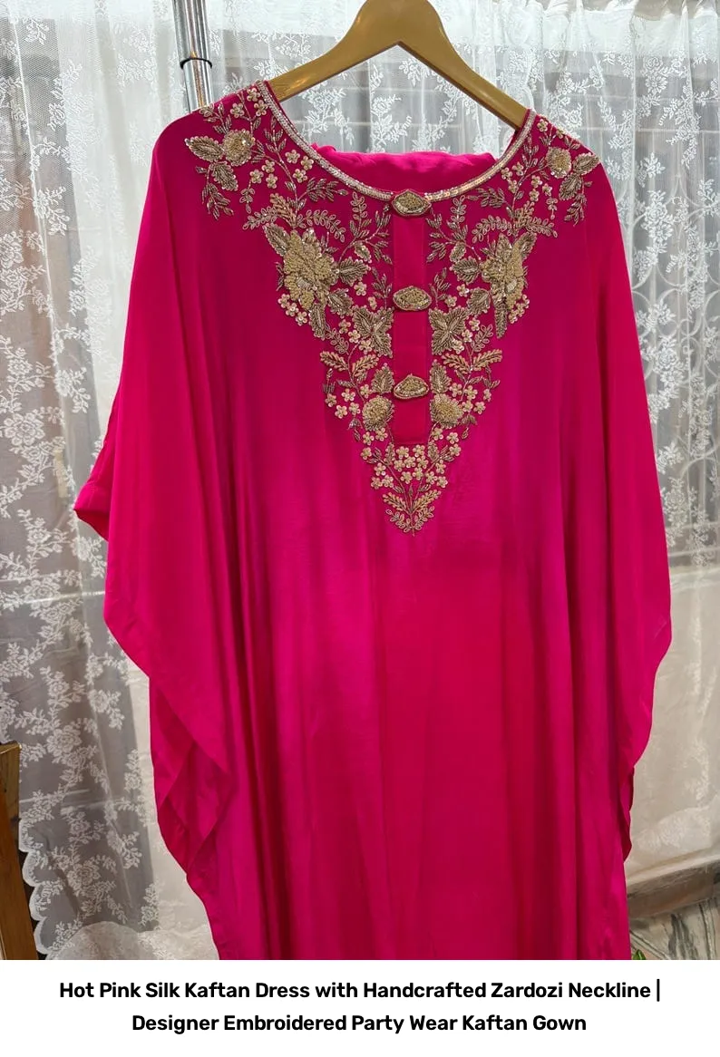 Hot Pink Silk Kaftan Dress with Handcrafted Zardozi Neckline | Designer Embroidered Party Wear Kaftan Gown 4