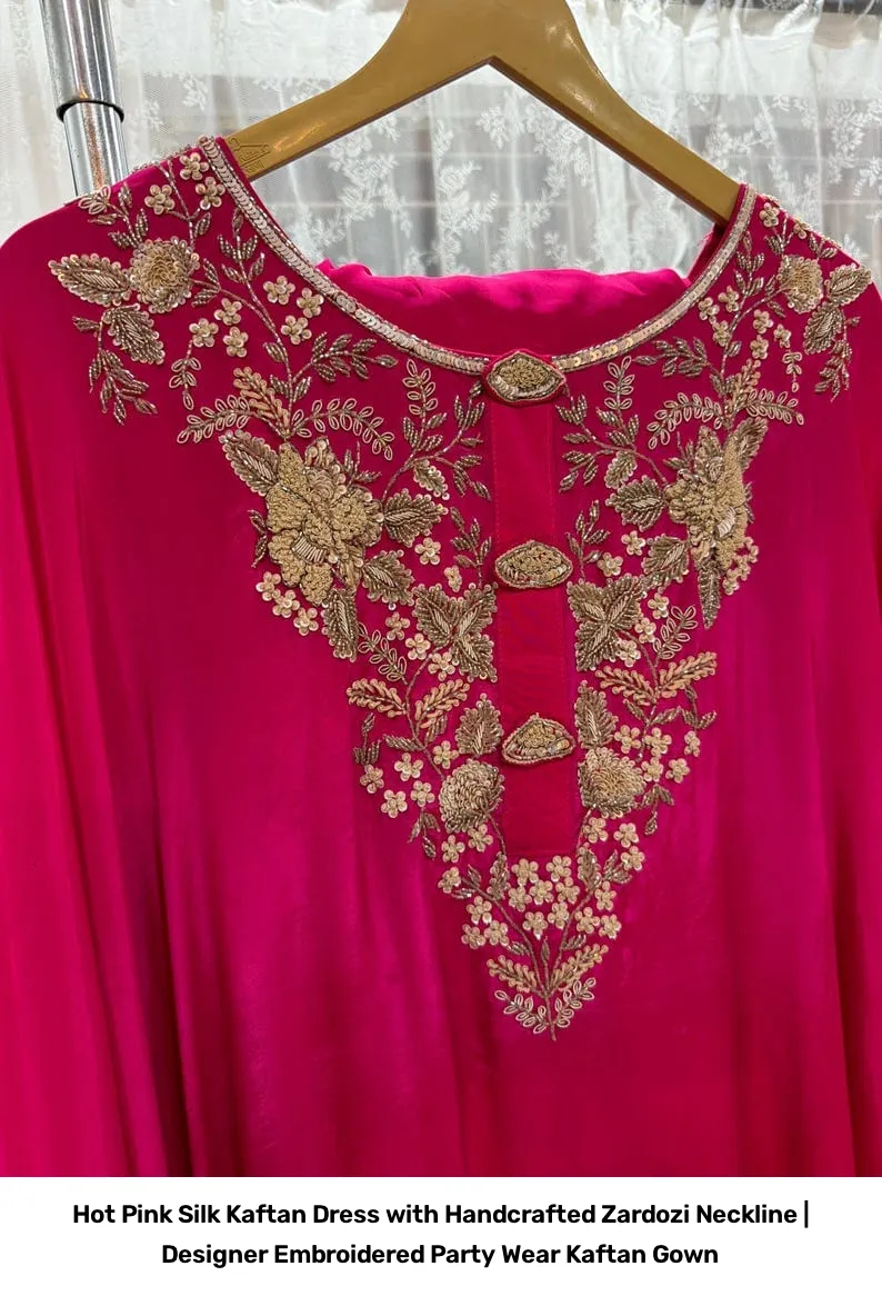 Hot Pink Silk Kaftan Dress with Handcrafted Zardozi Neckline | Designer Embroidered Party Wear Kaftan Gown 5