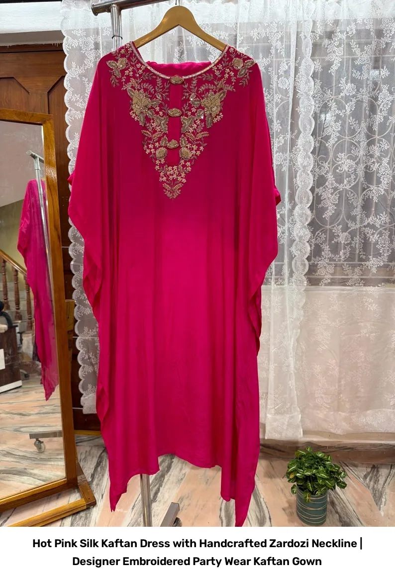Hot Pink Silk Kaftan Dress with Handcrafted Zardozi Neckline | Designer Embroidered Party Wear Kaftan Gown 6