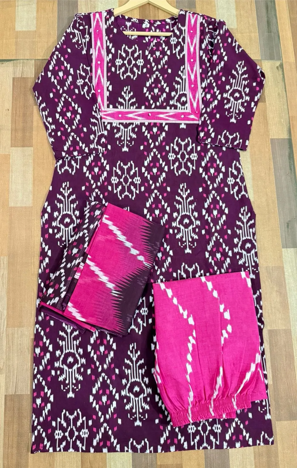 Ikat Printed Pure Cotton Kurti Pant Set with Sequin Work Dupatta | Handwork Neckline 3-Piece Suit (M to XXL)