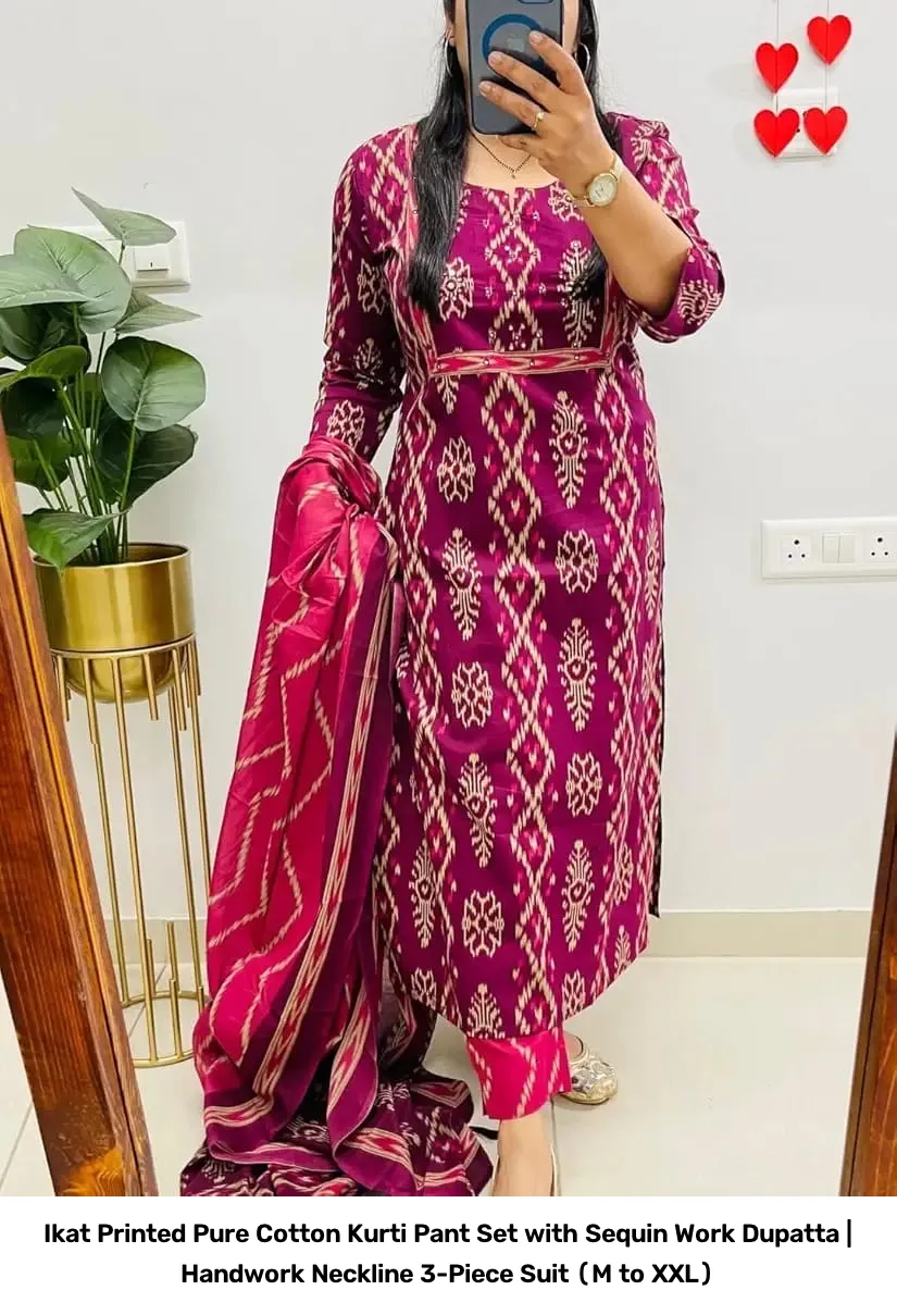 Ikat Printed Pure Cotton Kurti Pant Set with Sequin Work Dupatta | Handwork Neckline 3-Piece Suit (M to XXL) 2