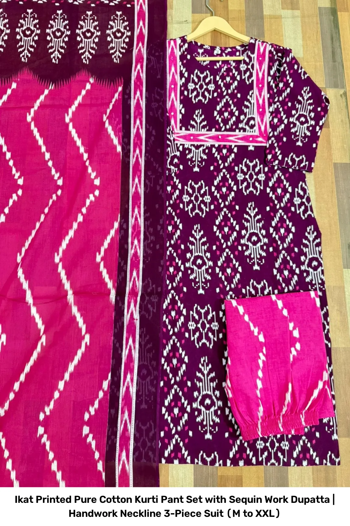 Ikat Printed Pure Cotton Kurti Pant Set with Sequin Work Dupatta | Handwork Neckline 3-Piece Suit (M to XXL) 3