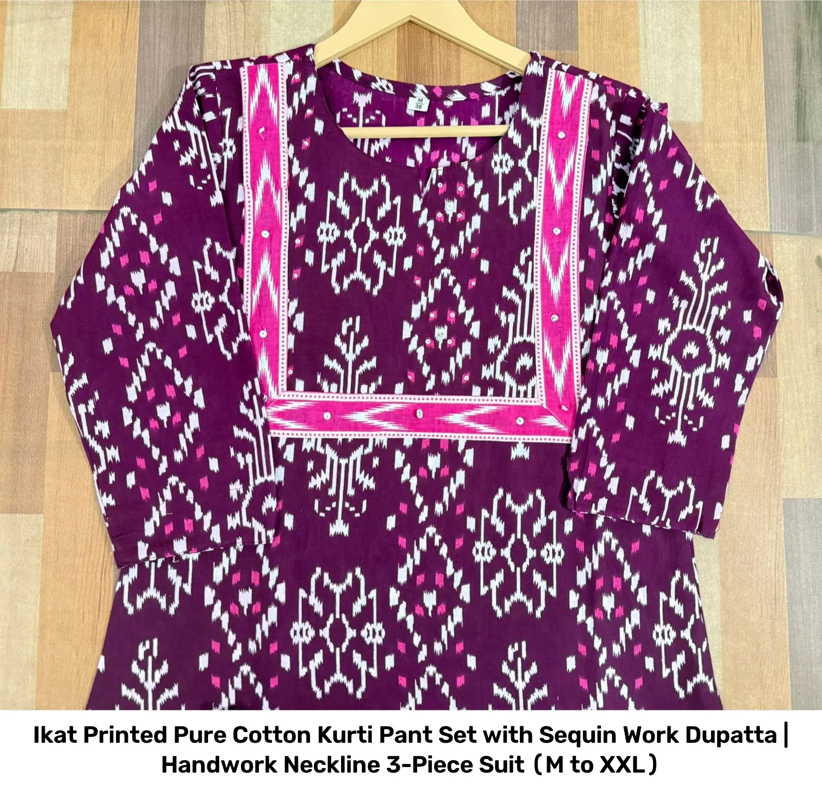 Ikat Printed Pure Cotton Kurti Pant Set with Sequin Work Dupatta | Handwork Neckline 3-Piece Suit (M to XXL) 4