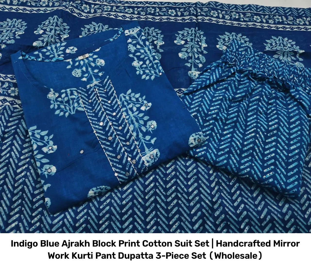 Indigo Blue Ajrakh Block Print Cotton Suit Set | Handcrafted Mirror Work Kurti Pant Dupatta 3-Piece Set (Wholesale) 10