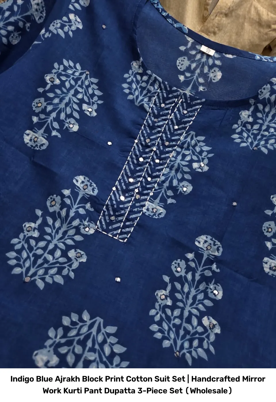 Indigo Blue Ajrakh Block Print Cotton Suit Set | Handcrafted Mirror Work Kurti Pant Dupatta 3-Piece Set (Wholesale) 11