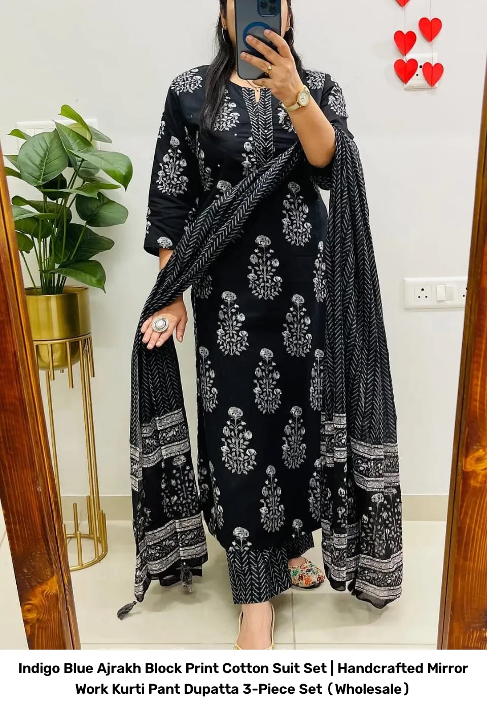 Indigo Blue Ajrakh Block Print Cotton Suit Set | Handcrafted Mirror Work Kurti Pant Dupatta 3-Piece Set (Wholesale) 12