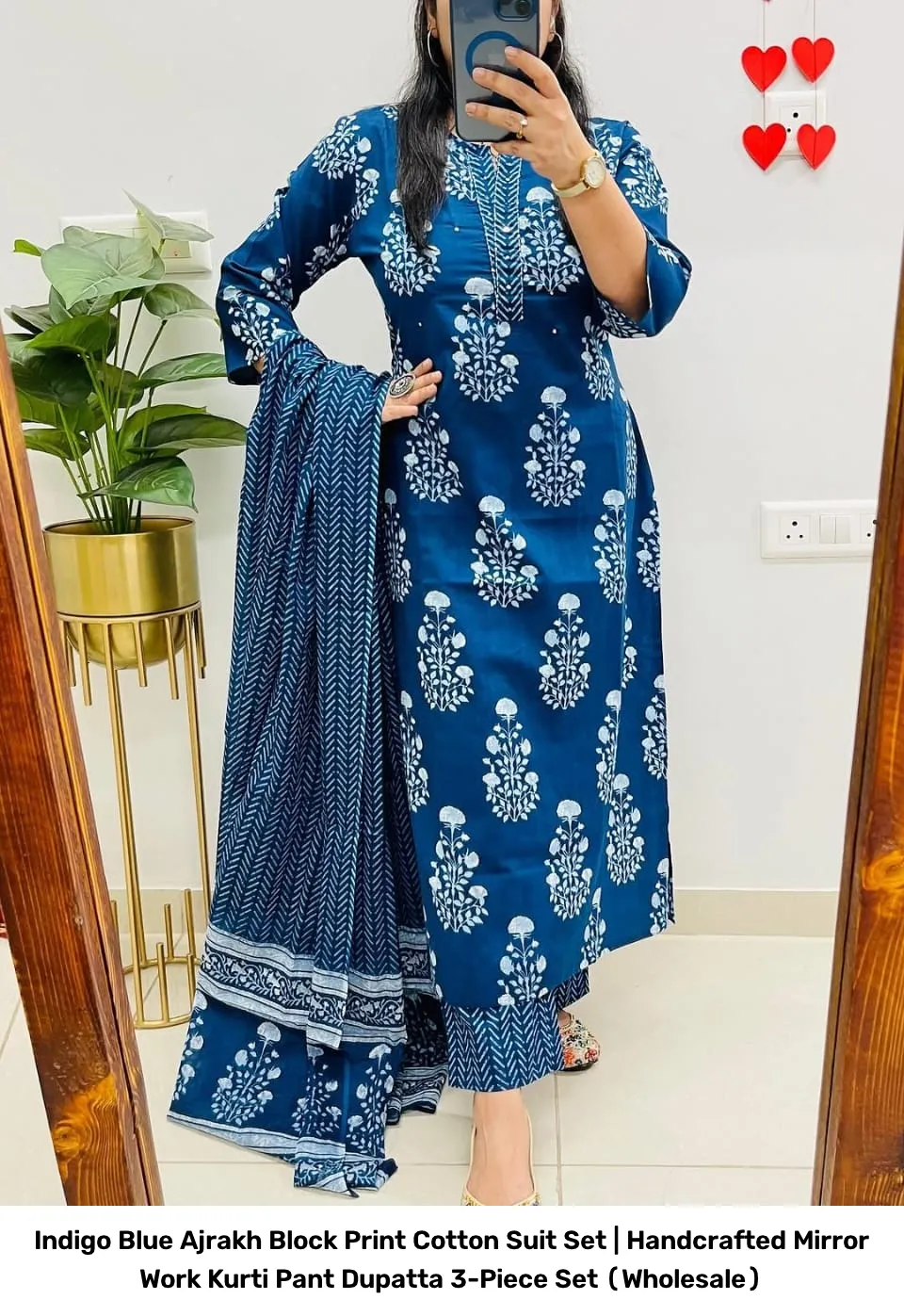 Indigo Blue Ajrakh Block Print Cotton Suit Set | Handcrafted Mirror Work Kurti Pant Dupatta 3-Piece Set (Wholesale) 13