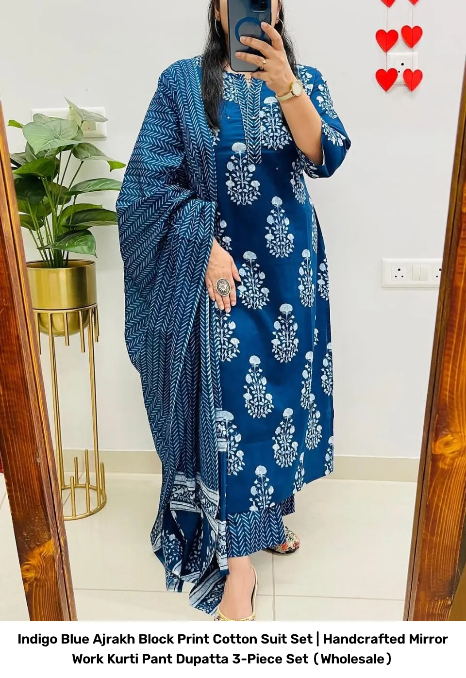 Indigo Blue Ajrakh Block Print Cotton Suit Set | Handcrafted Mirror Work Kurti Pant Dupatta 3-Piece Set (Wholesale) 14