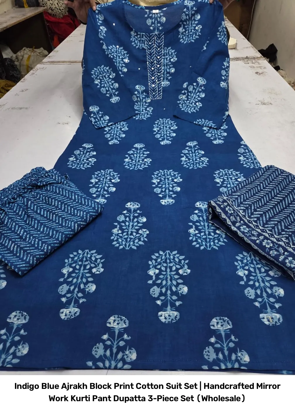 Indigo Blue Ajrakh Block Print Cotton Suit Set | Handcrafted Mirror Work Kurti Pant Dupatta 3-Piece Set (Wholesale) 15