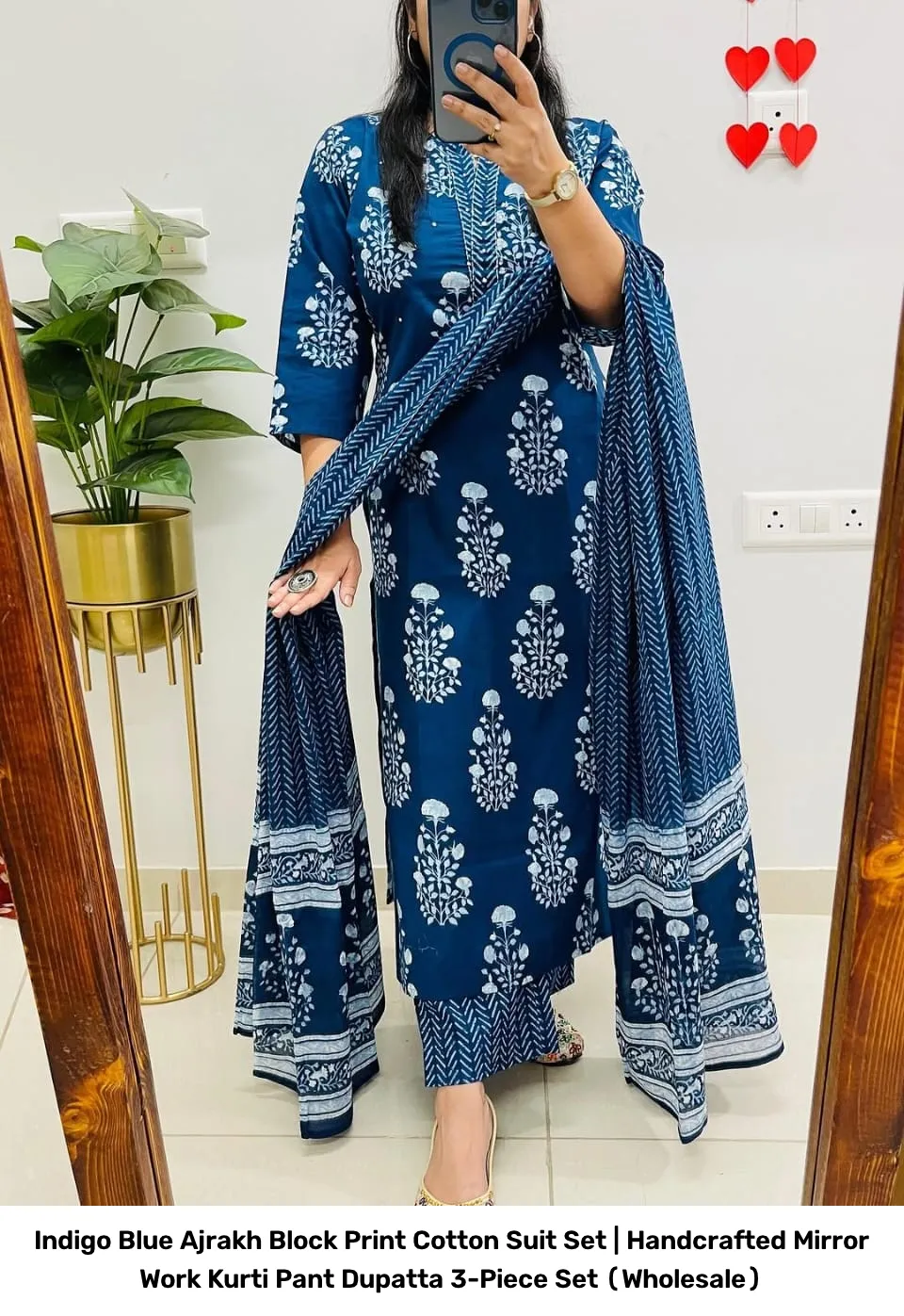 Indigo Blue Ajrakh Block Print Cotton Suit Set | Handcrafted Mirror Work Kurti Pant Dupatta 3-Piece Set (Wholesale) 2