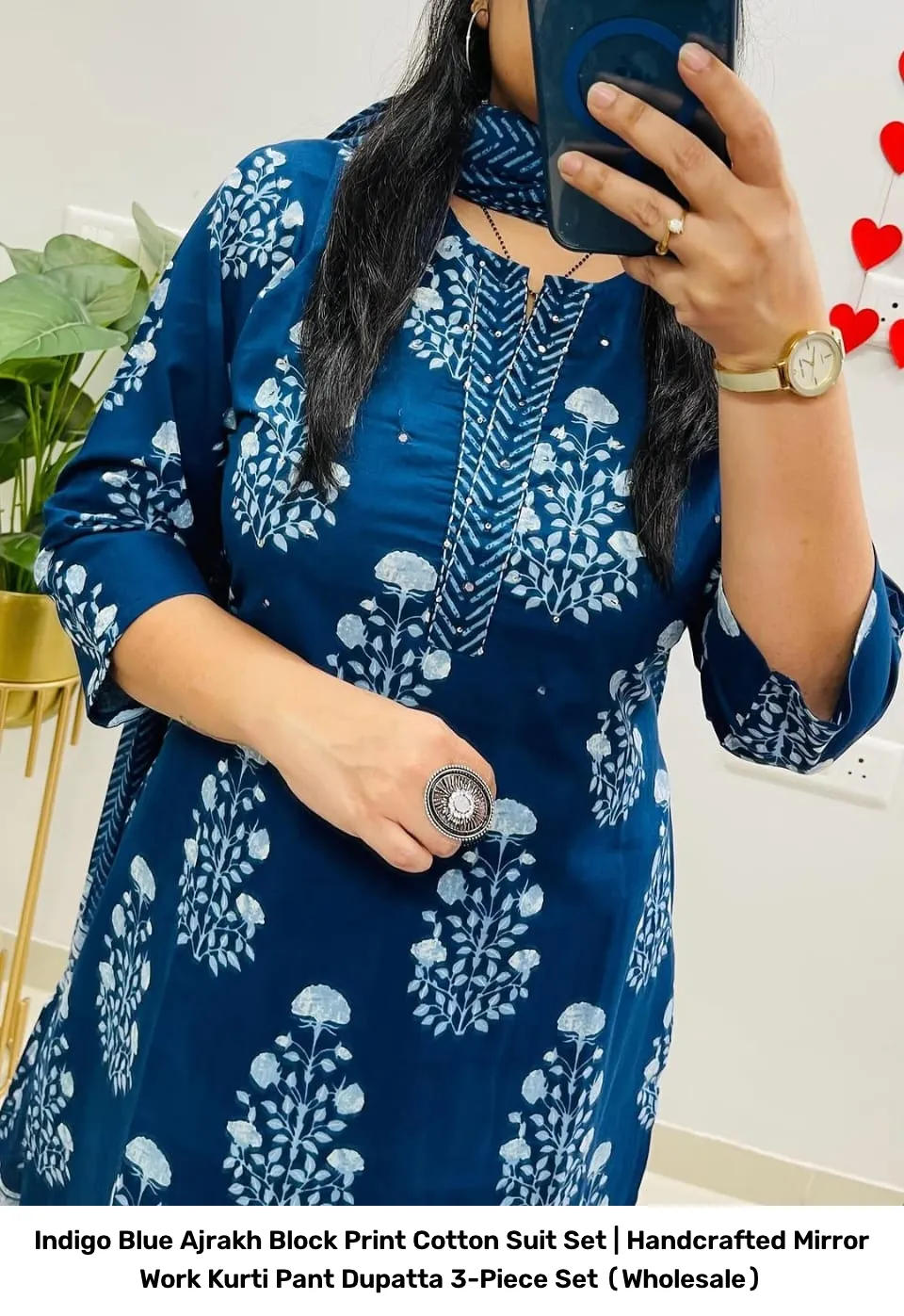 Indigo Blue Ajrakh Block Print Cotton Suit Set | Handcrafted Mirror Work Kurti Pant Dupatta 3-Piece Set (Wholesale) 3