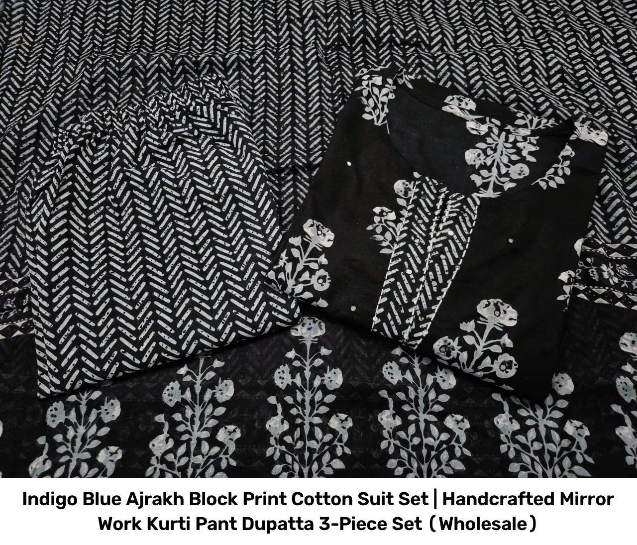 Indigo Blue Ajrakh Block Print Cotton Suit Set | Handcrafted Mirror Work Kurti Pant Dupatta 3-Piece Set (Wholesale) 4
