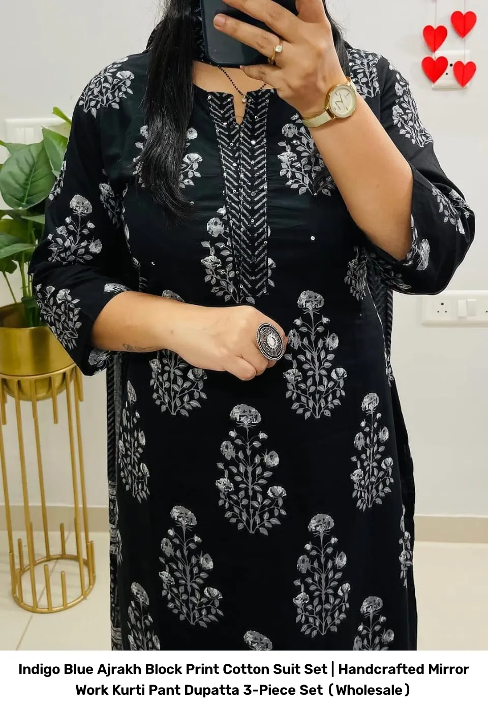 Indigo Blue Ajrakh Block Print Cotton Suit Set | Handcrafted Mirror Work Kurti Pant Dupatta 3-Piece Set (Wholesale) 5