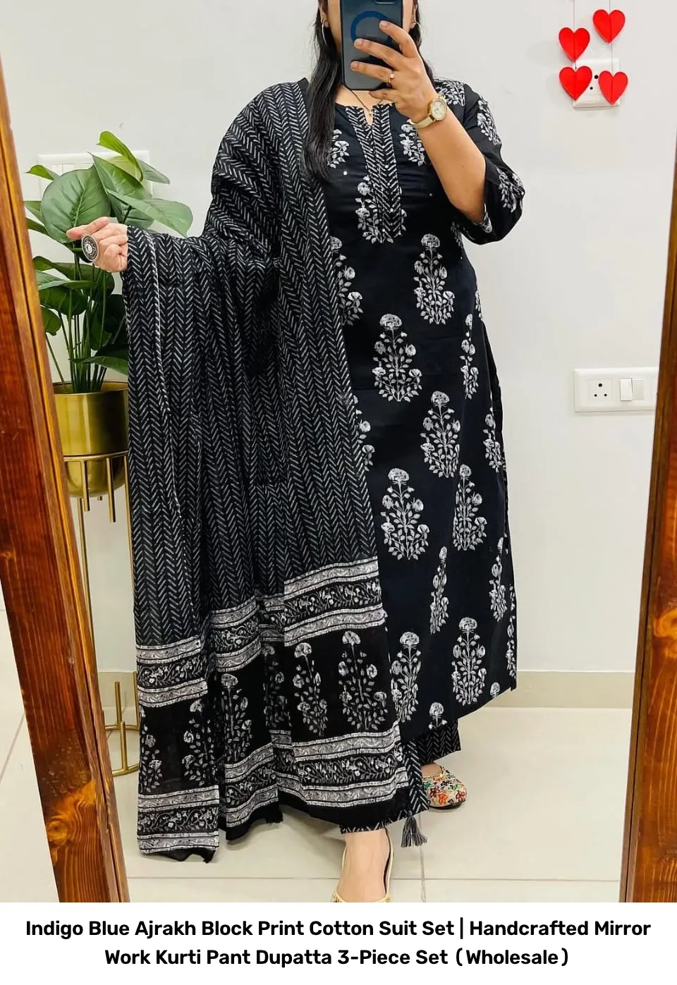Indigo Blue Ajrakh Block Print Cotton Suit Set | Handcrafted Mirror Work Kurti Pant Dupatta 3-Piece Set (Wholesale) 6