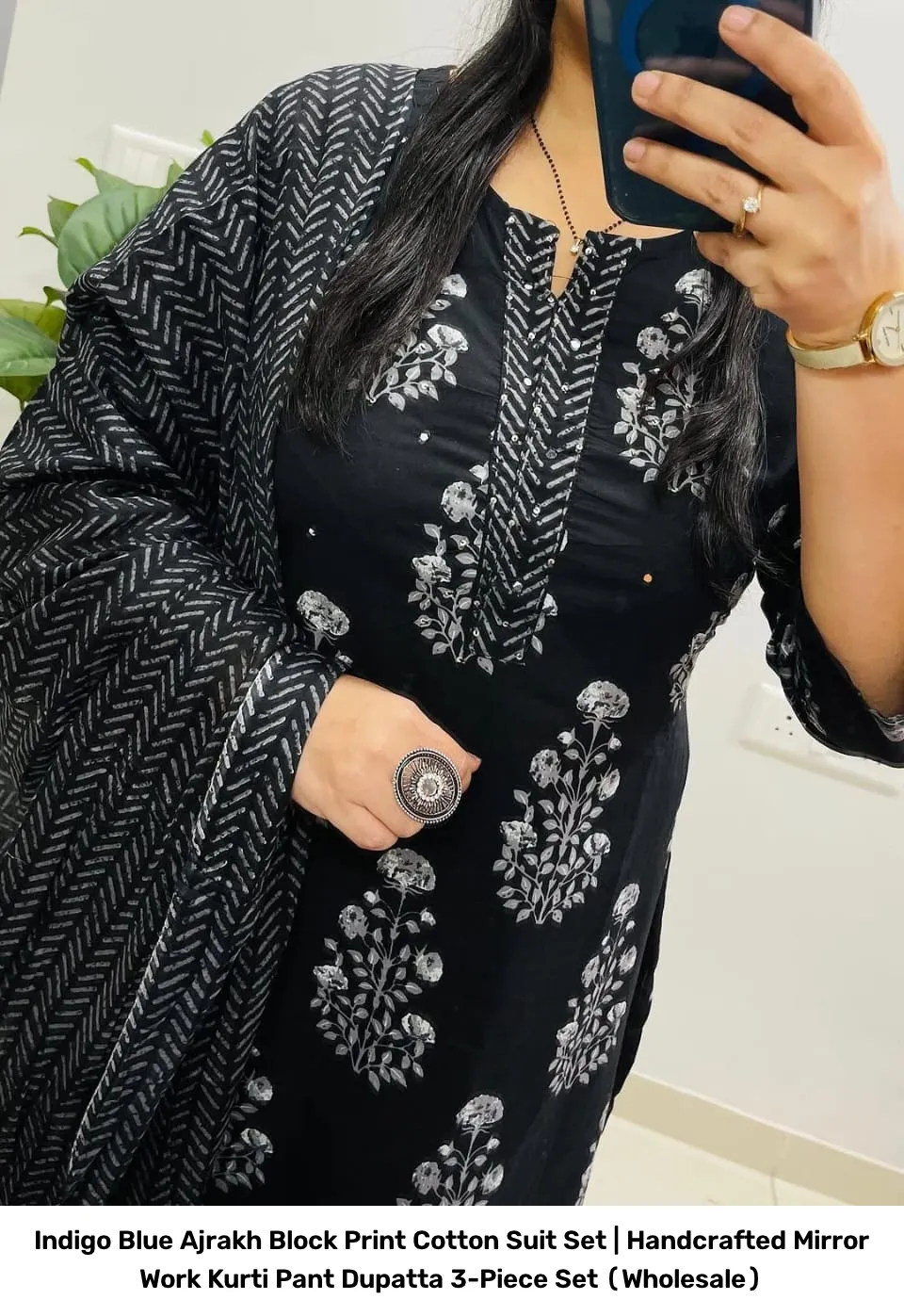 Indigo Blue Ajrakh Block Print Cotton Suit Set | Handcrafted Mirror Work Kurti Pant Dupatta 3-Piece Set (Wholesale) 7